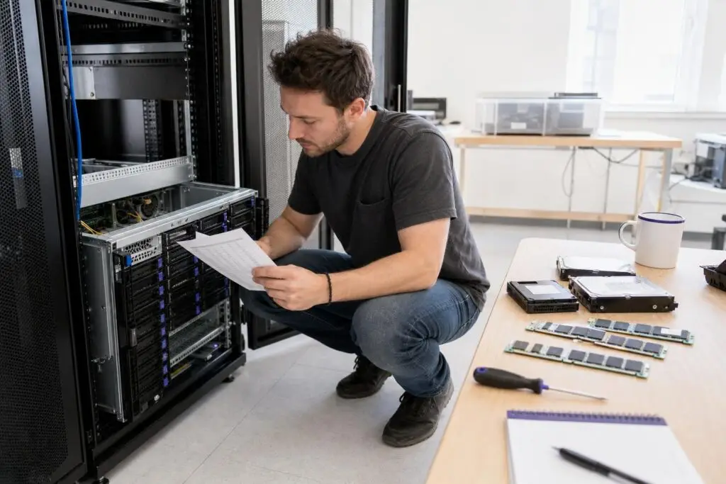 A man checks a server in a server room with hardware on a table.