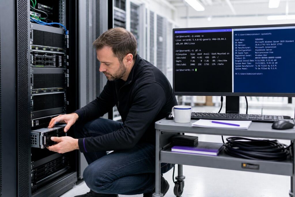 A man is working on a server rack with a monitor displaying Linux and Windows commands.