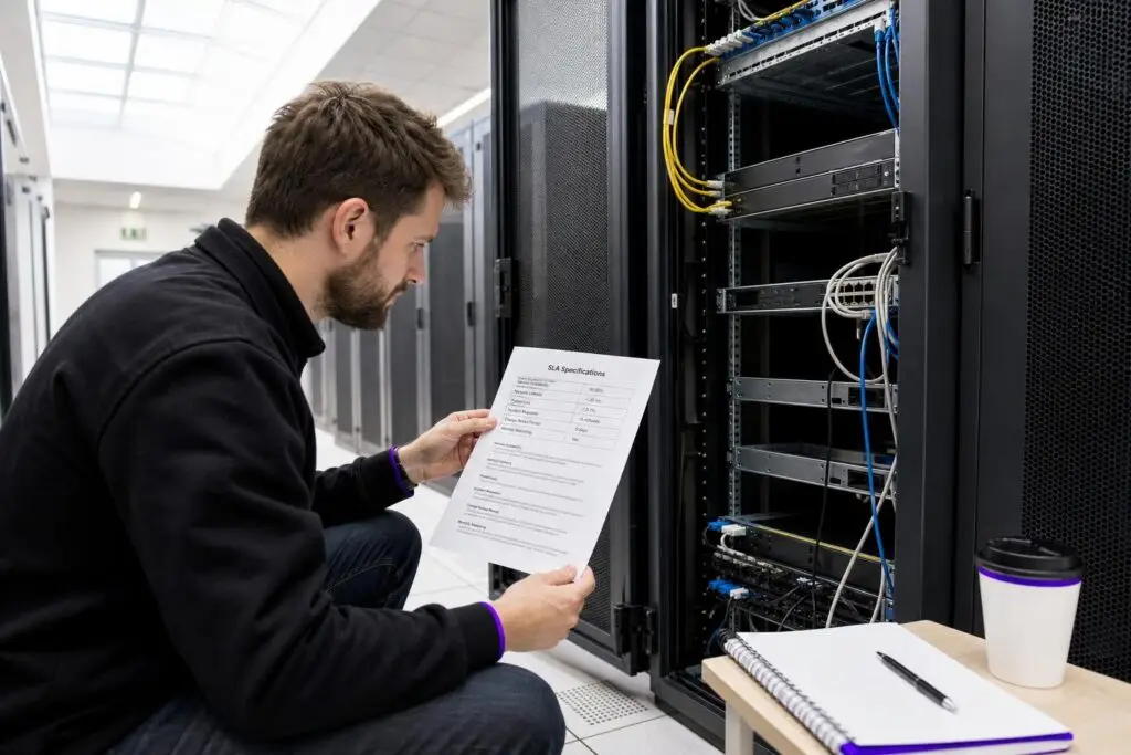 A man is looking at a document with SLA specifications in front of a server rack.