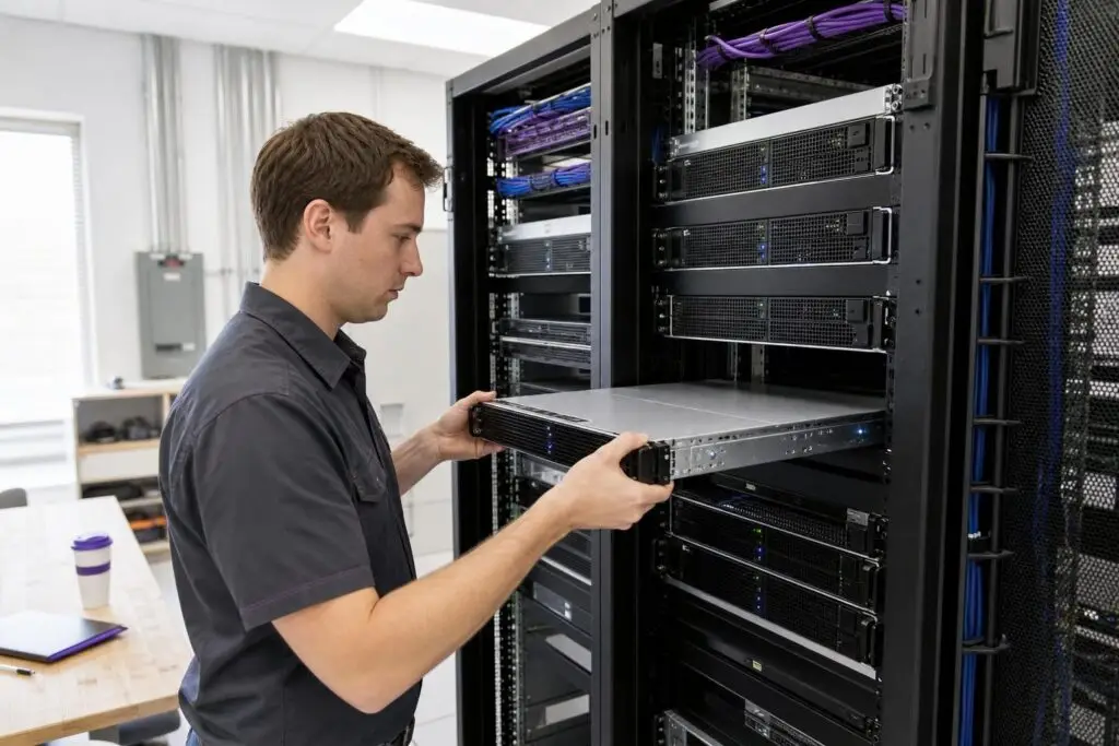 A man is installing a server in a server room.