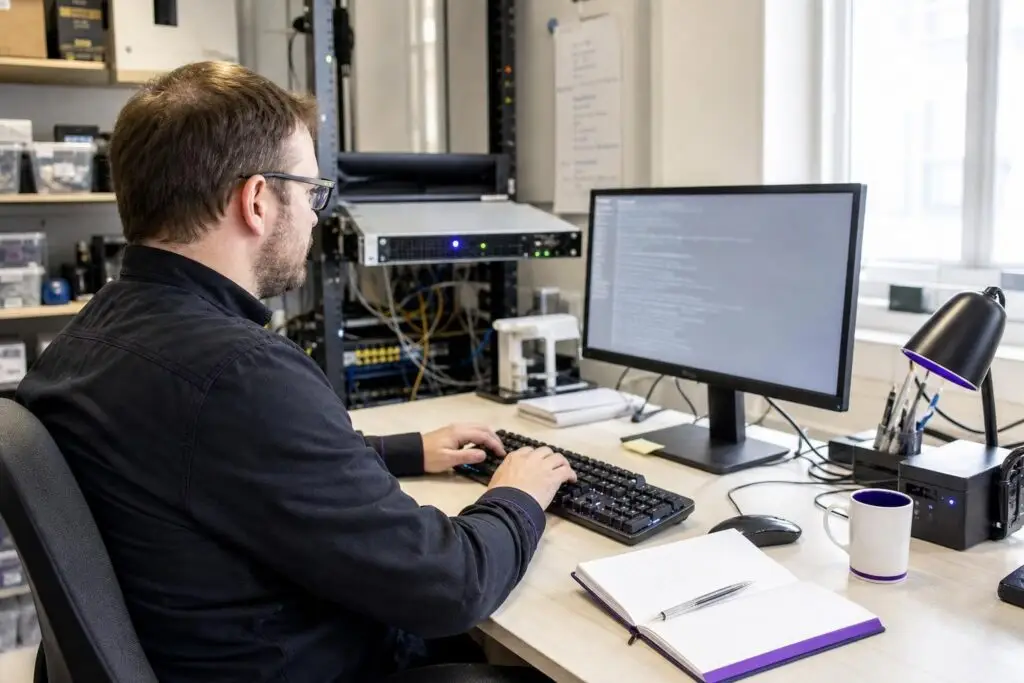 A man is working on a computer in an office with servers in the background.