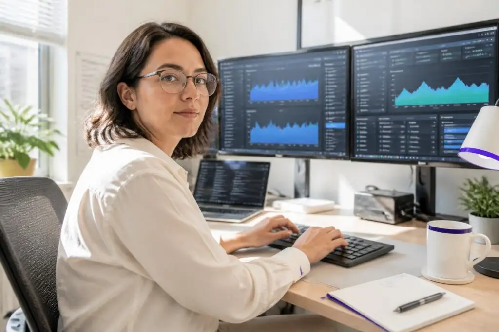 A woman works at a desk with multiple monitors displaying charts.