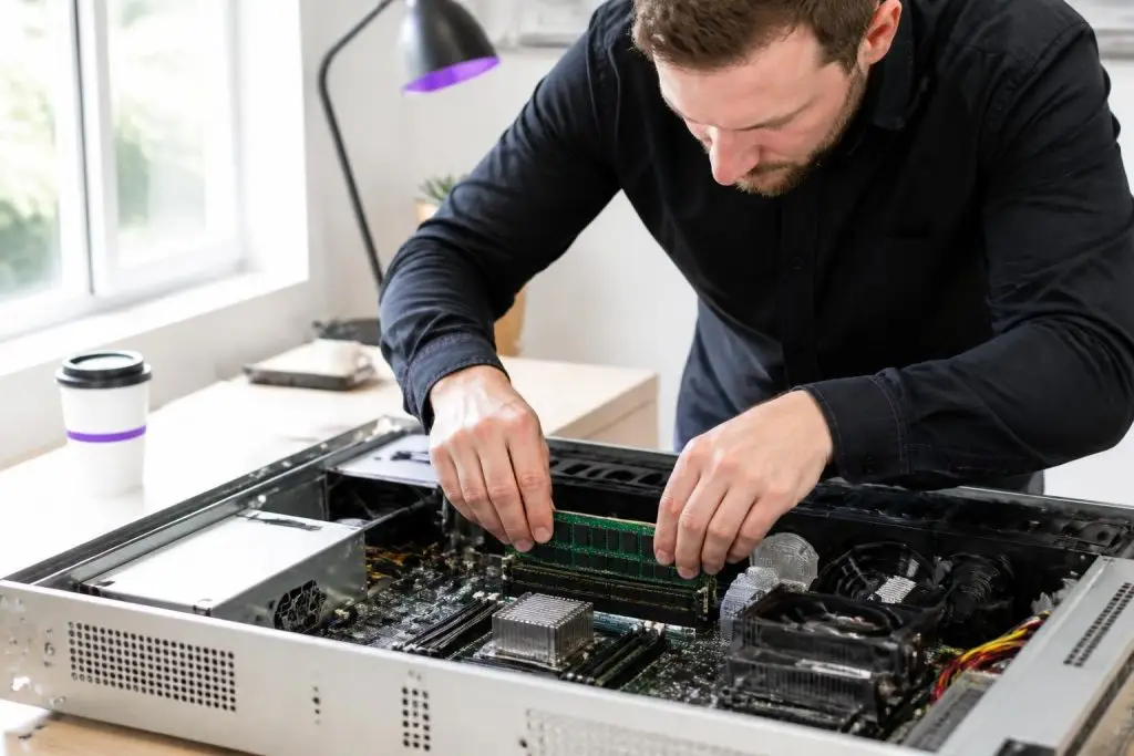 A man is working on the hardware of a computer.