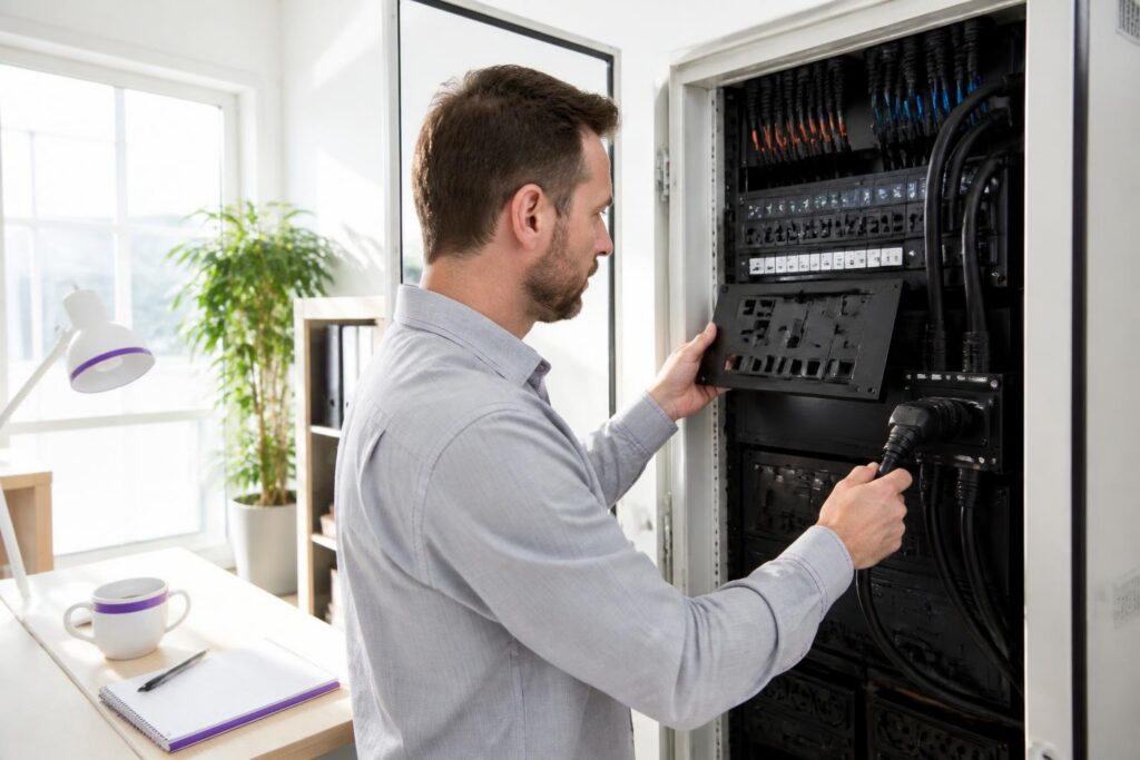 A man is working on a server rack in a bright office.