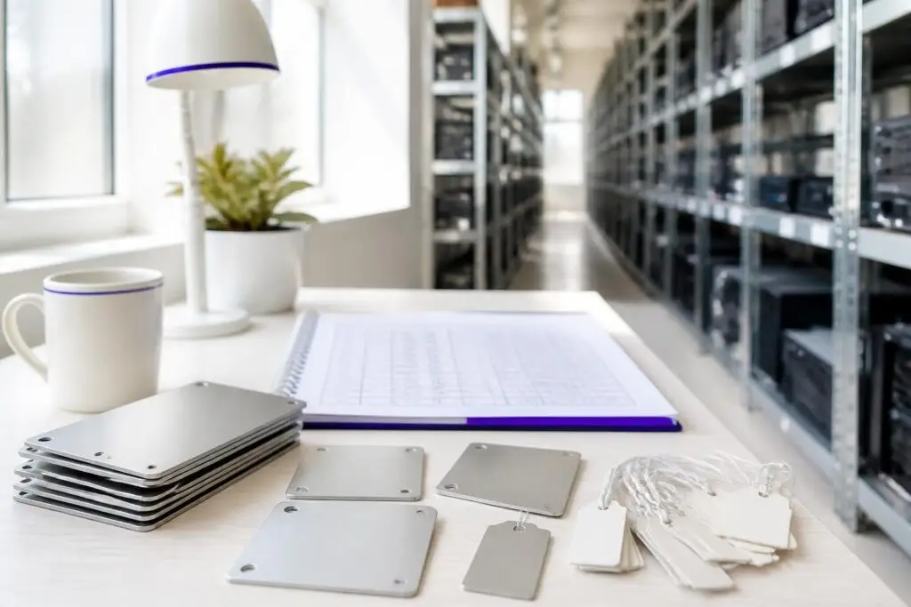 A desk with metal plates, tags, and a notebook in front of shelves with equipment.