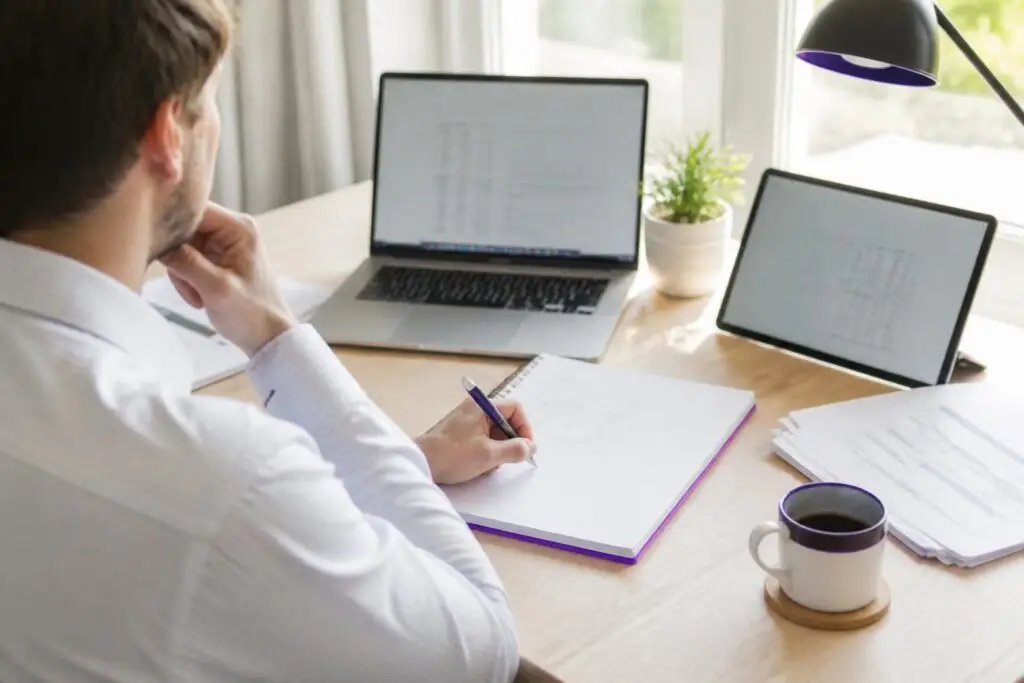 A man working at a desk with a laptop, tablet, and notebook.