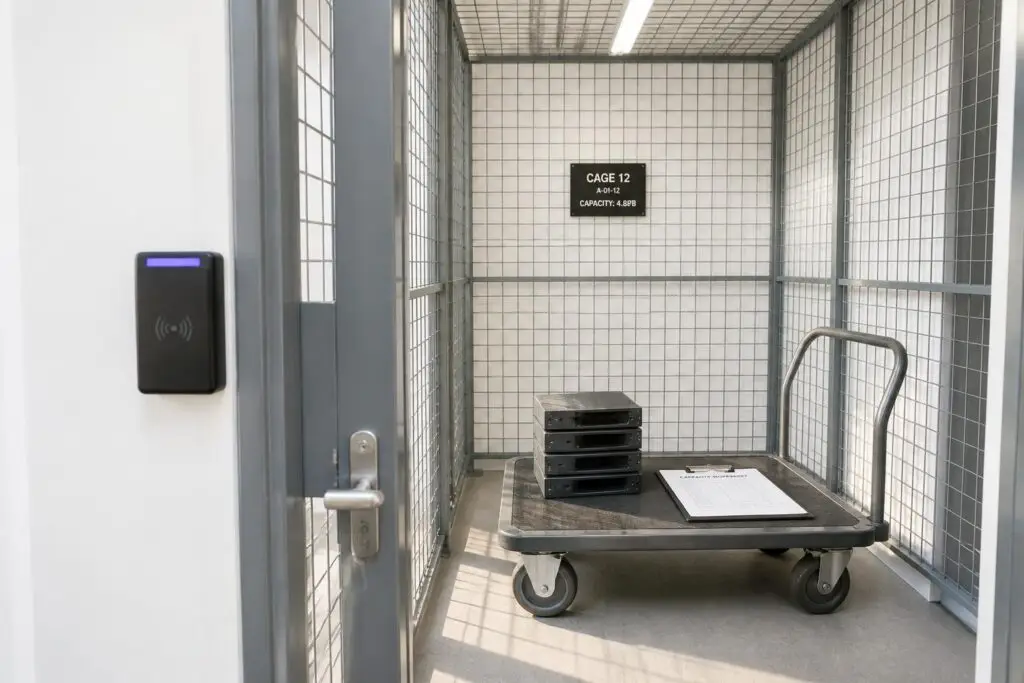 A secured room with a cart and documents.