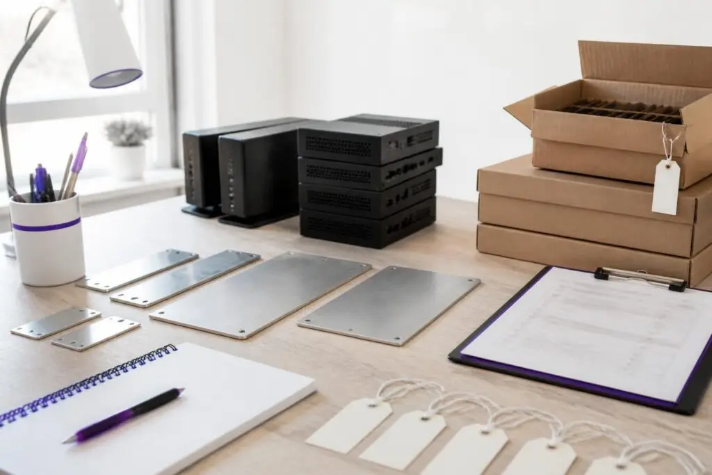 A desk with a notebook, tags, metal plates, and boxes.