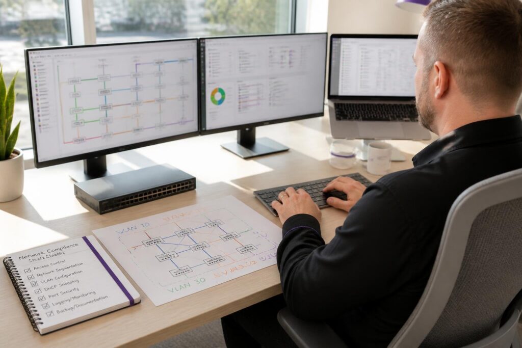 A man works at a desk with multiple monitors and network diagrams.