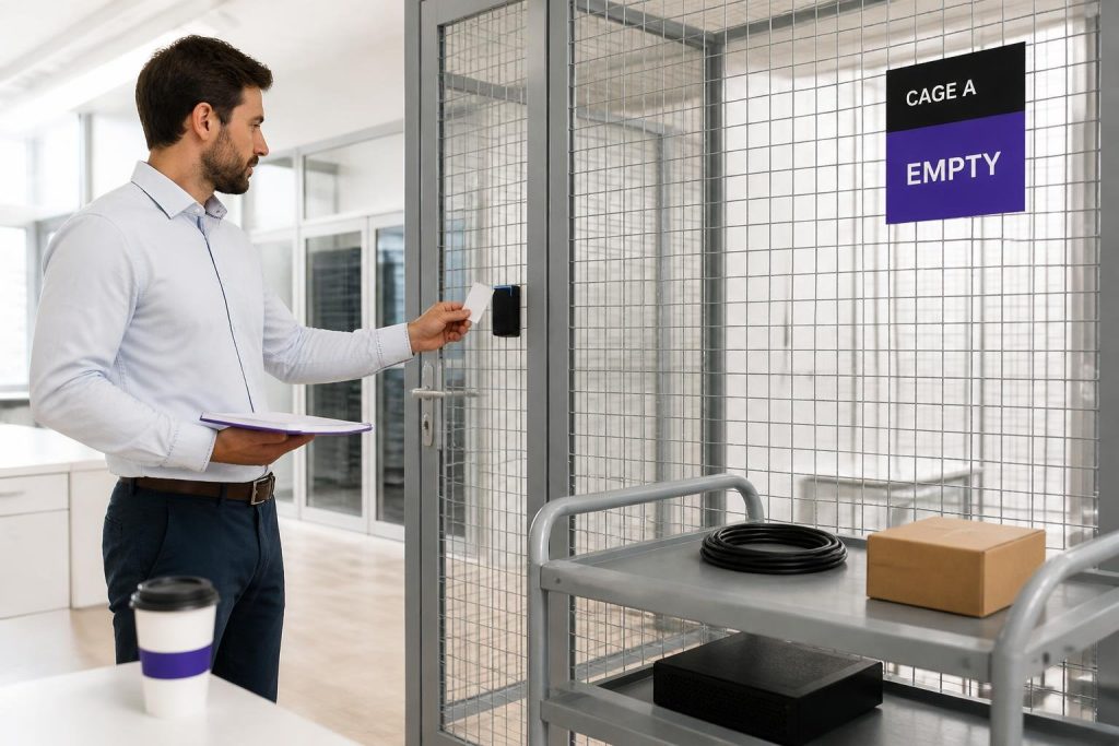 A man holds a card to a card reader in front of a wire cage.