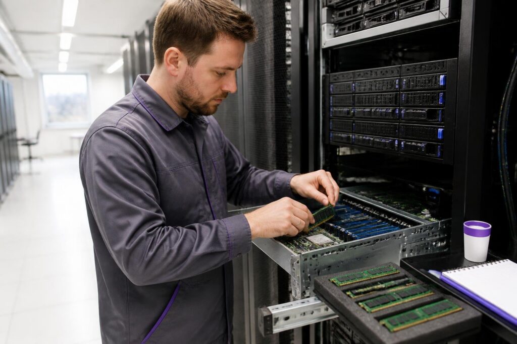A technician is working on a server rack in a data center.