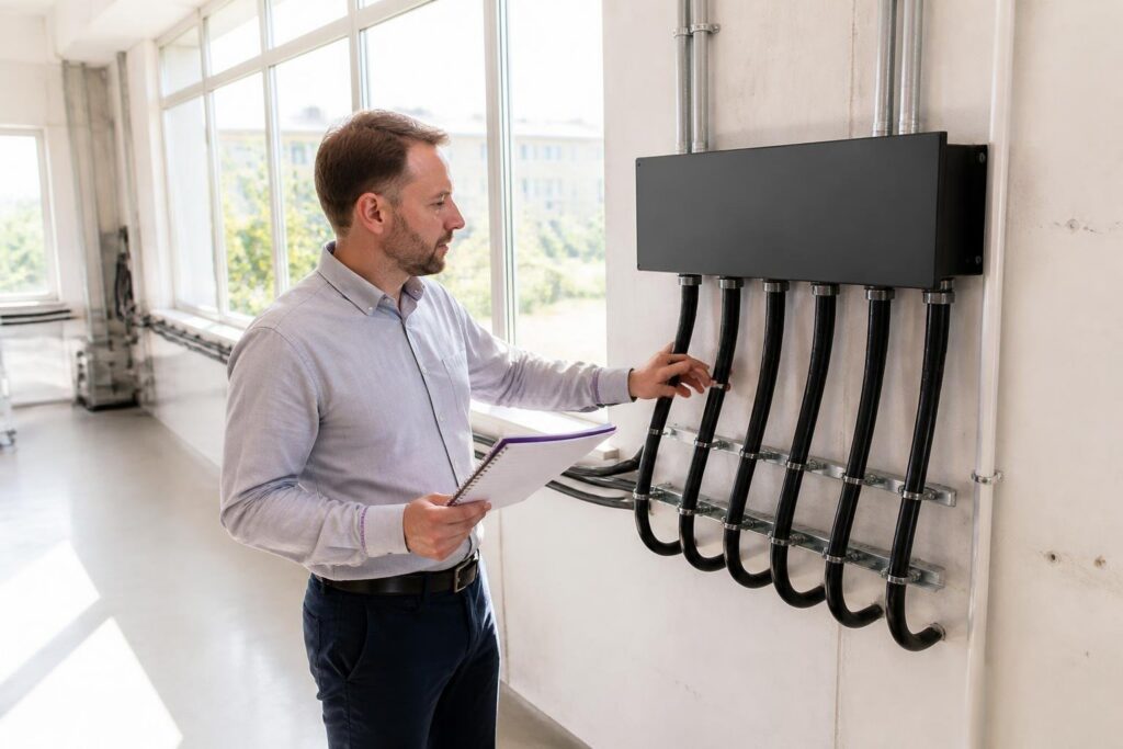 A man inspects cables and holds a notebook.
