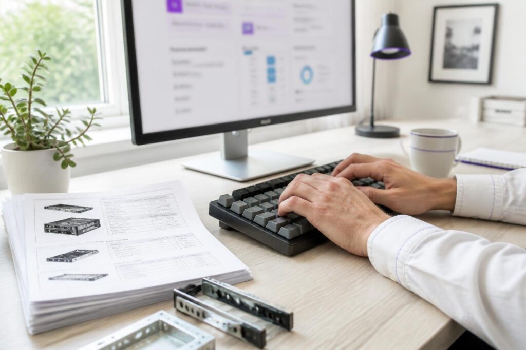 A person typing on a keyboard at a desk with technical documents and a monitor.