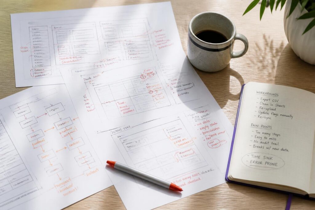 Notes and diagrams on a table with a cup of coffee.