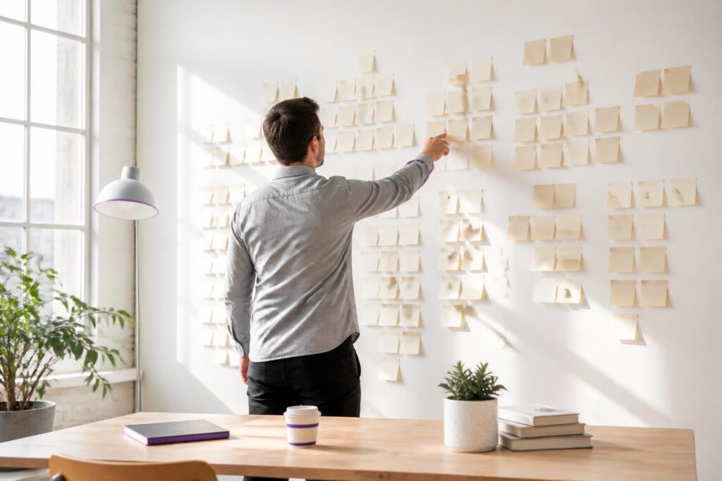 A man stands in front of a wall full of sticky notes in a bright office.