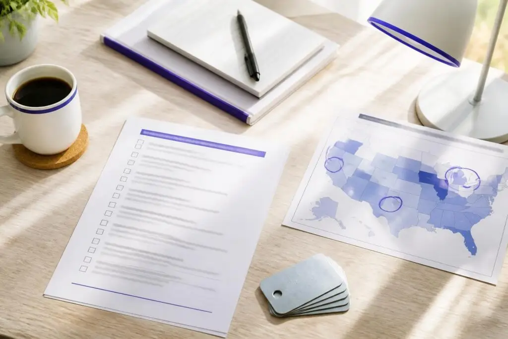 A desk with a coffee cup, notebook, pen, a map of the USA, and a document.