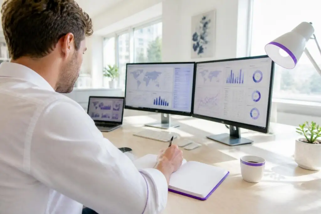 A man working at a desk with multiple screens displaying data visualizations.
