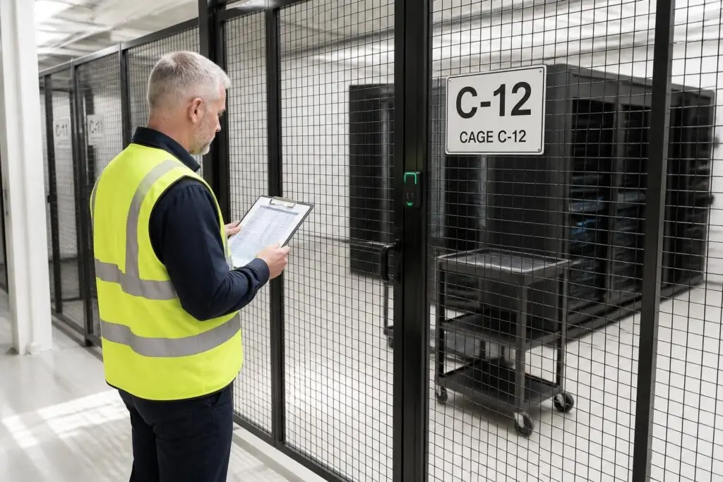 A man in a safety vest stands in front of a cage in a data center holding a clipboard.
