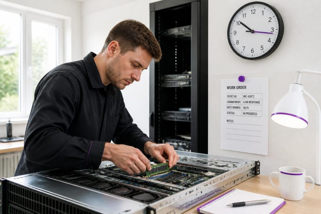A man is working on a server in an office with a clock and a work order on the wall.
