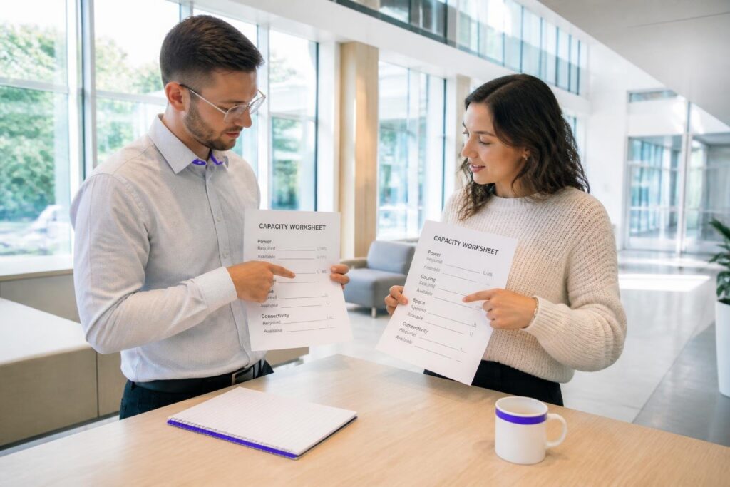 Two people discuss capacity worksheets in a modern office.