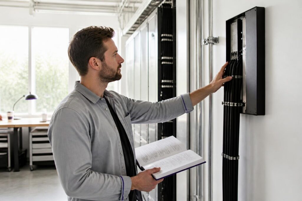 A man inspects cables in a distribution box while holding an open book.