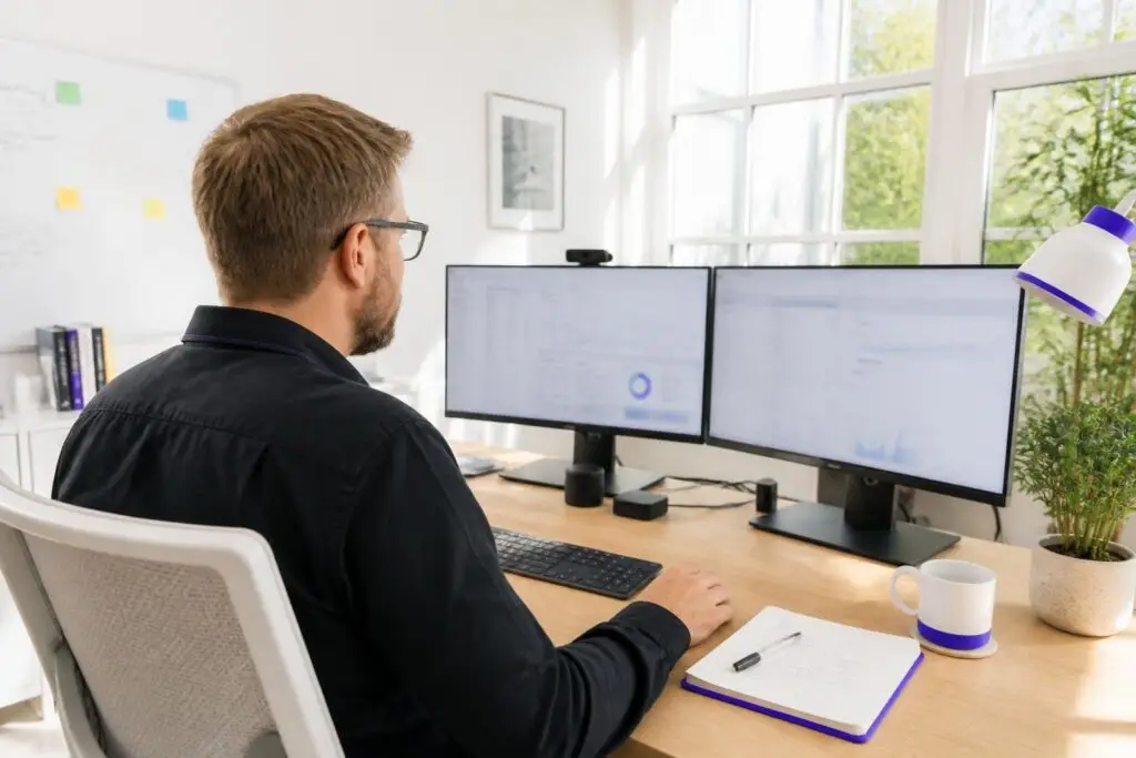 A man working at two monitors in a bright office.