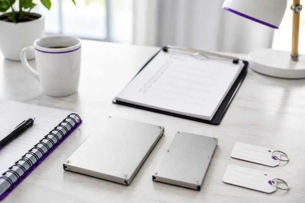 Two hard drives, a notebook, a clipboard, and a mug on a desk.