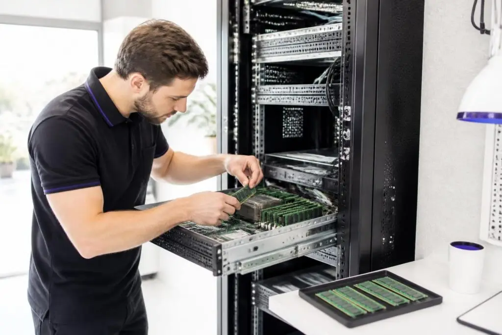 A man is working on a server rack with RAM modules.