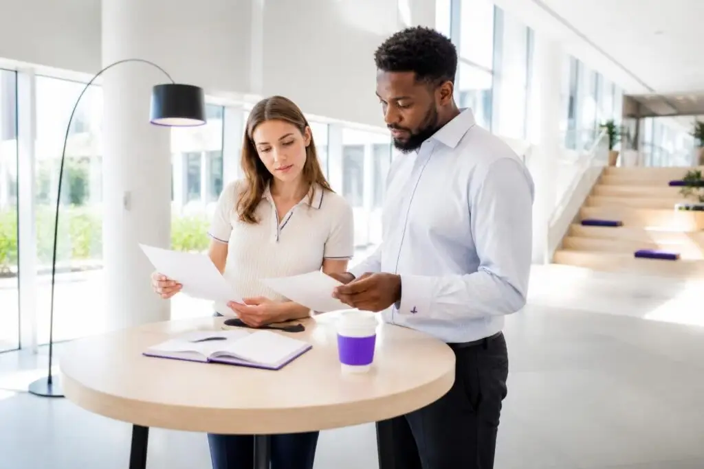 Two people looking at documents at a table in a modern office.
