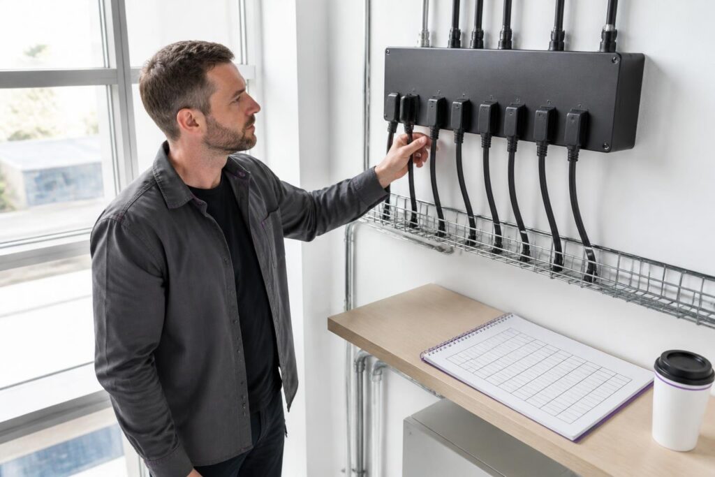 A man operates an electrical panel with multiple cables.