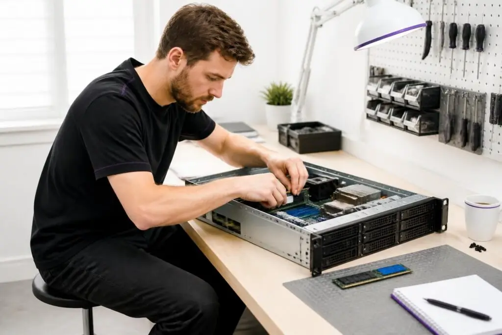 A man is working on a server in a workshop.