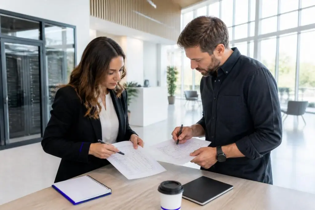 Two people discussing documents in a modern office.