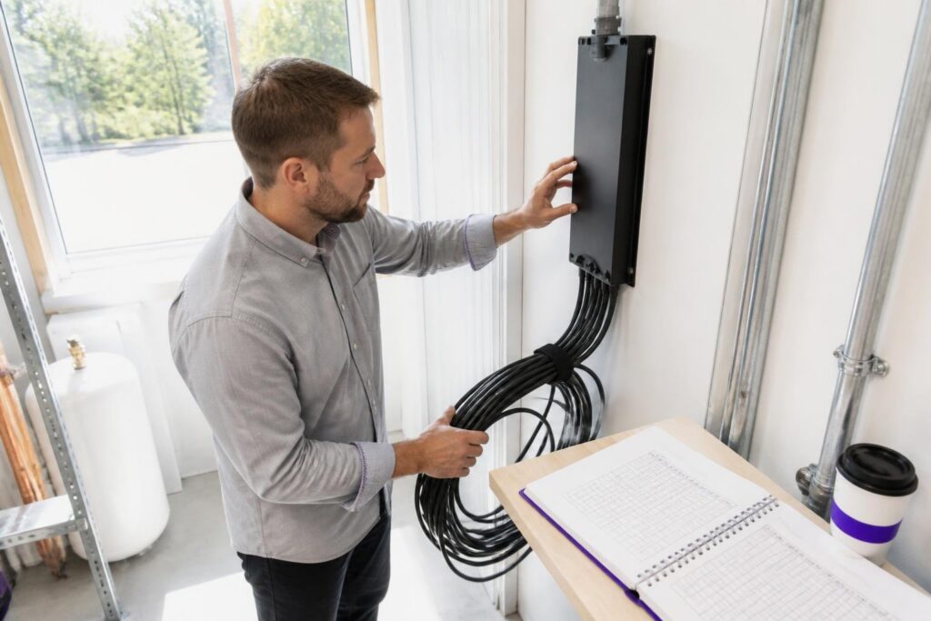 A man works on a distribution box with cables, next to an open notebook.