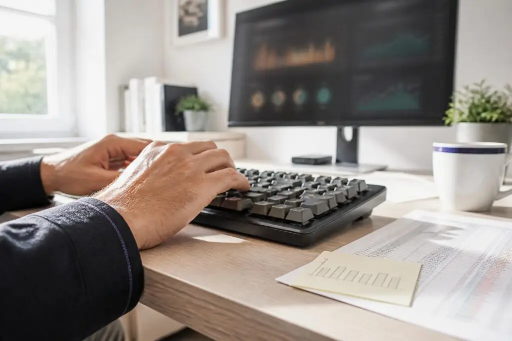 A person typing on a keyboard in front of a monitor displaying charts.