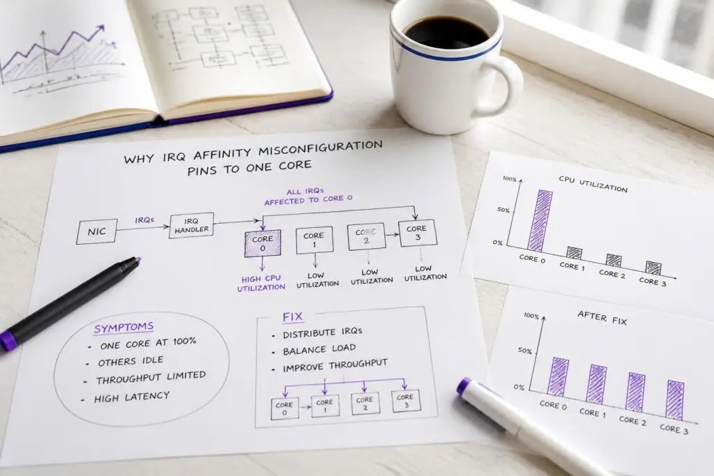 Diagrams and notes on IRQ affinity on a table with a coffee cup.