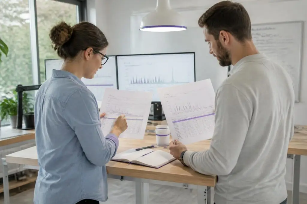 Two people analyzing charts and data sheets in an office.