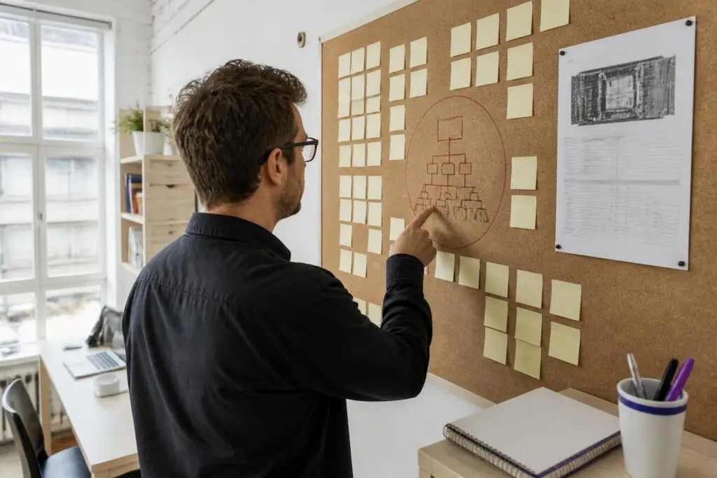 A man points at a diagram on a corkboard with many sticky notes.