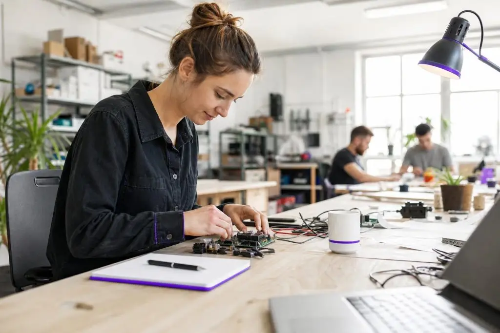 A woman working on electronic components in an office.