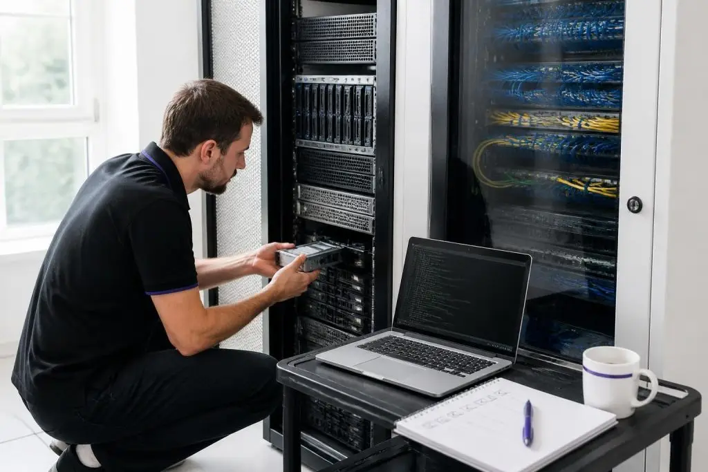 A man is working on a server rack with a laptop and notebook on a table beside him.