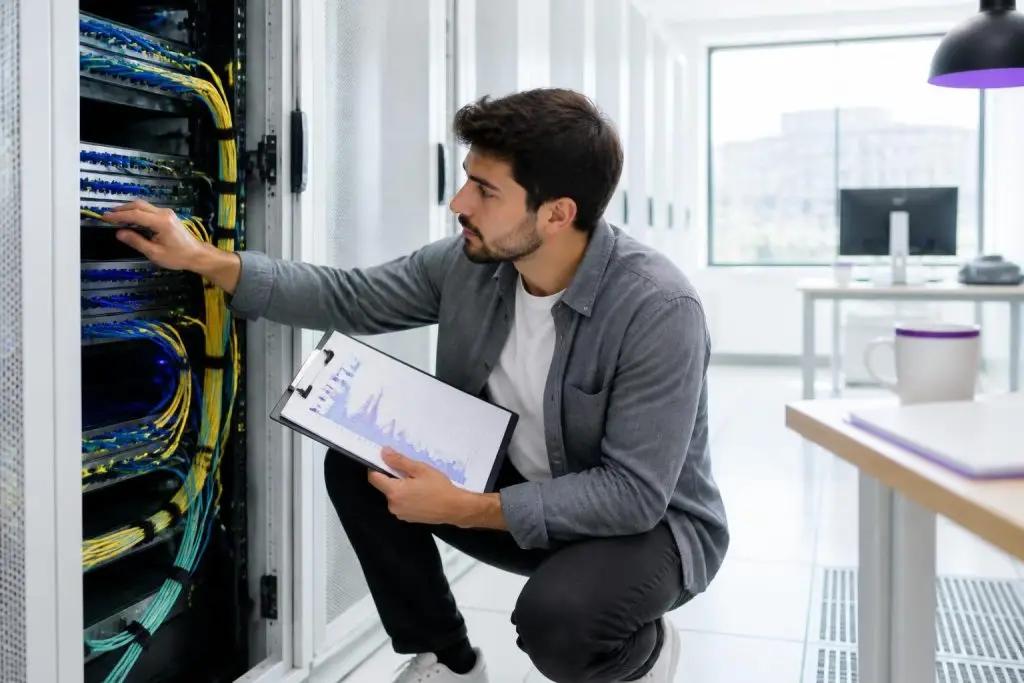 A man checks cables in a server room with a chart on a clipboard.
