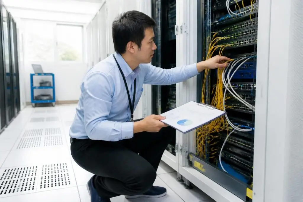 A man is checking cables in a server room.