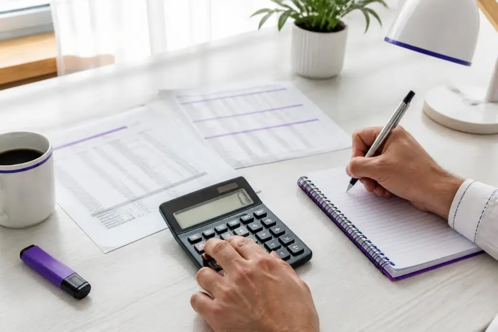 A person is writing in a notebook and using a calculator on a desk with documents and a coffee mug.