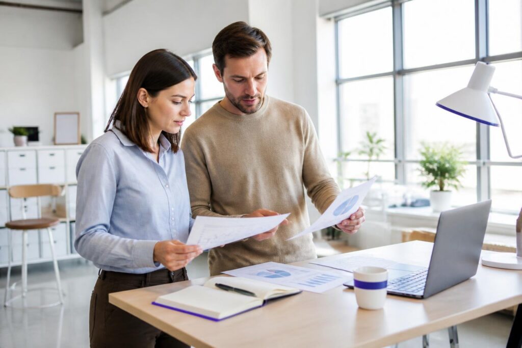 Two people looking at documents at a desk with a laptop.