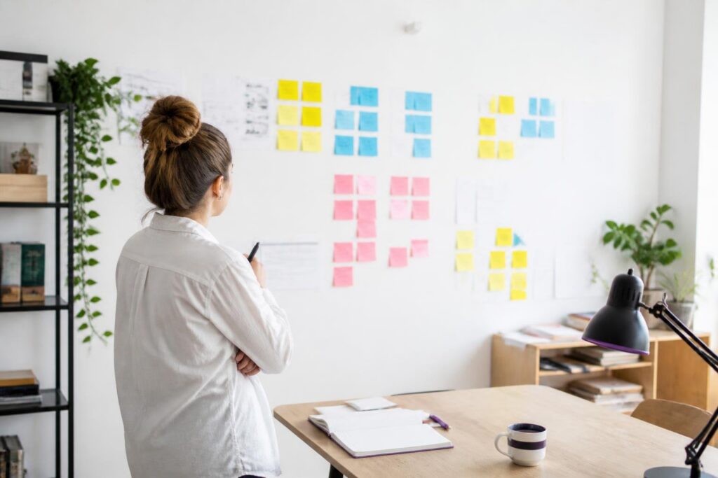 A woman looks at a wall with colorful sticky notes in an office.