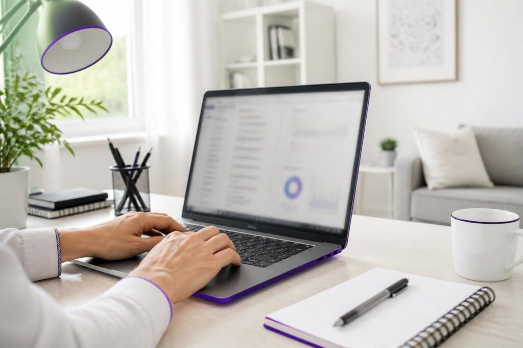 A person typing on a laptop in a bright office.