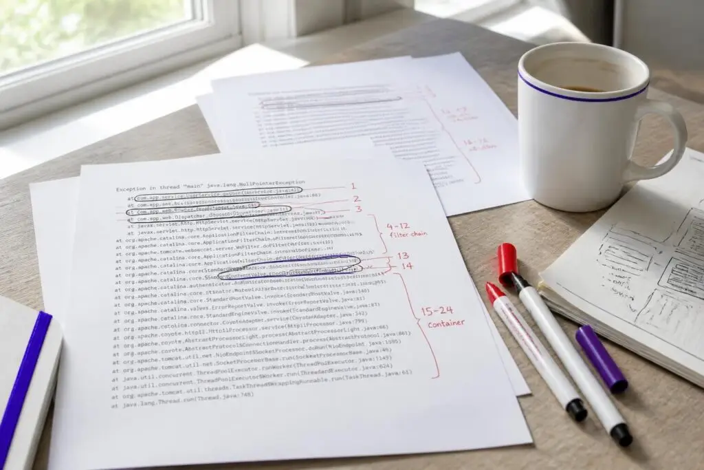 A table with printed code, markers, and a coffee cup.