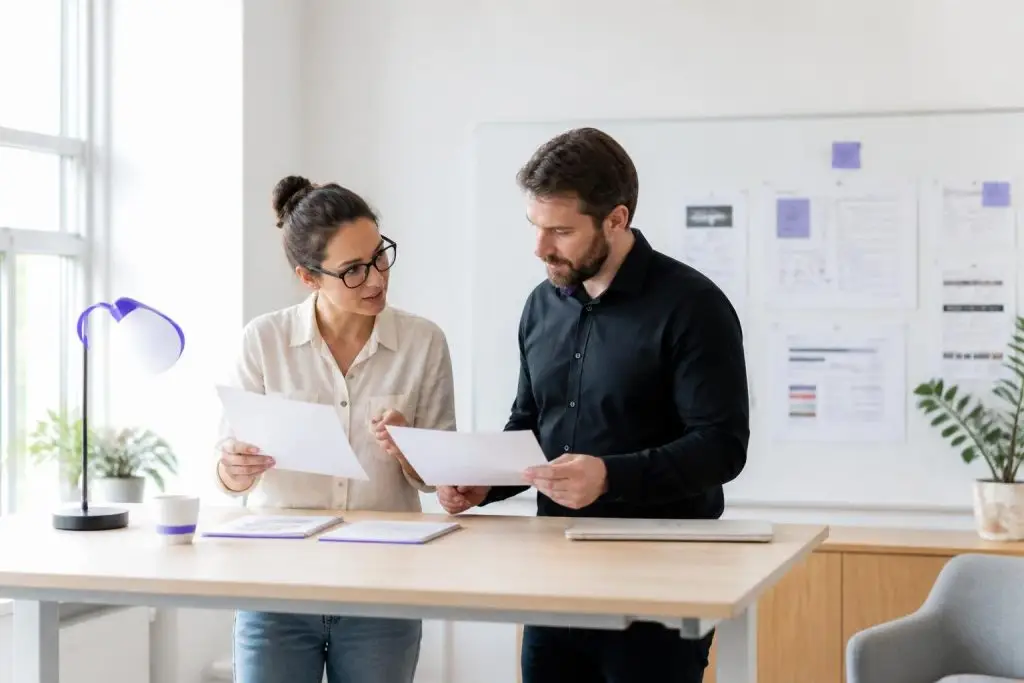 Two people standing at a table looking at documents.