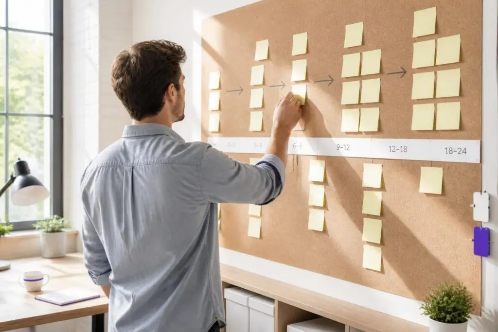 A man arranges sticky notes on a timeline board.