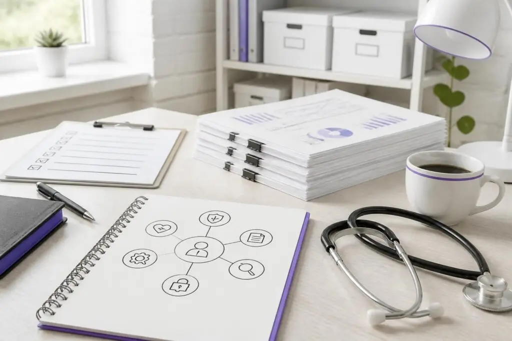 A desk with a stethoscope, notebook, and documents.
