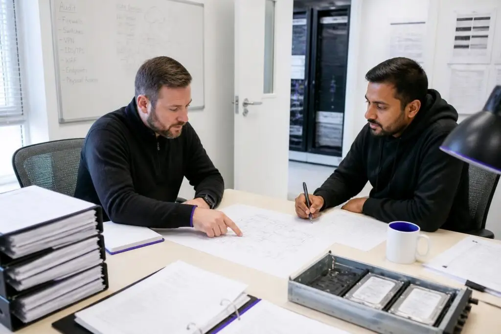 Two men discussing technical drawings in an office with servers in the background.